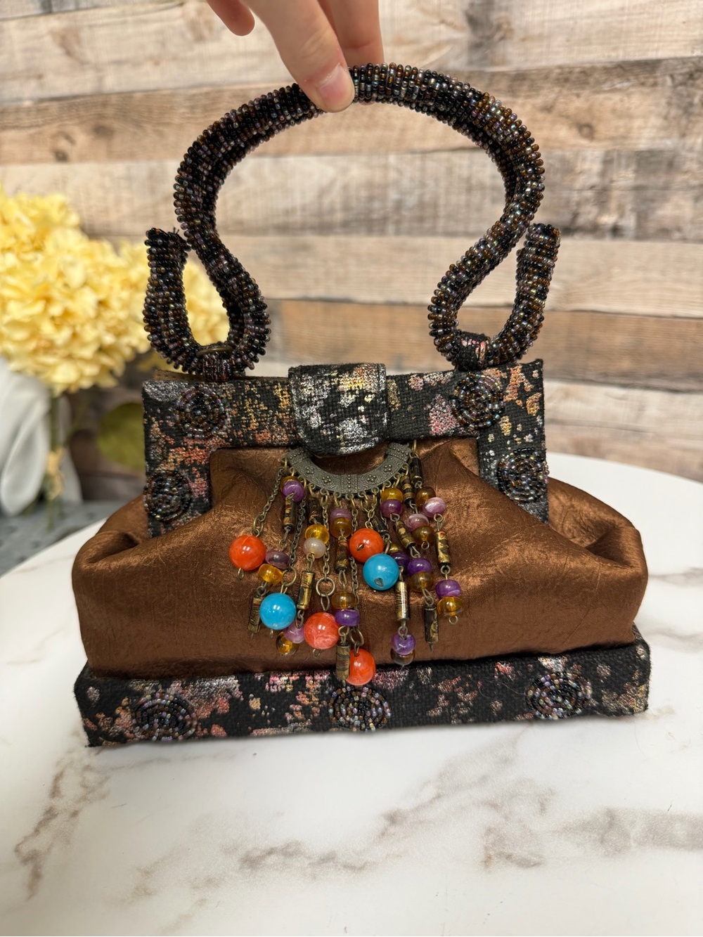 Copper Beaded fabric evening bag w/ decorative handle OS